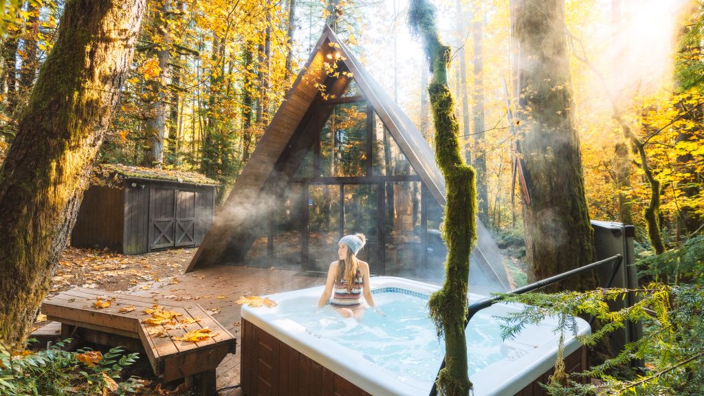 Cozy Cabins and Tree Houses to Rent in Washington - Sky Haus Hot Tub Fall